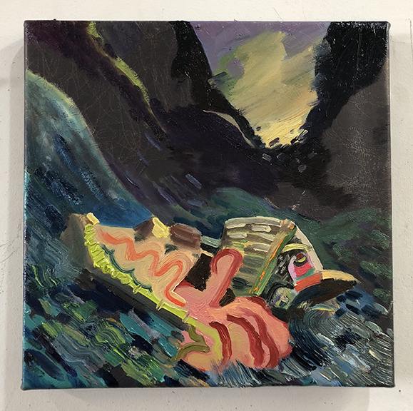 Ali Seradge, Scylla and Charbidis, oil painting on car upholstery, 11"x11" , 2018