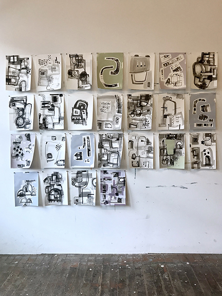 Allison L. Wade, Studio shot of paintings, ink wash and latex paint on paper, all 15 x 11, 2018
