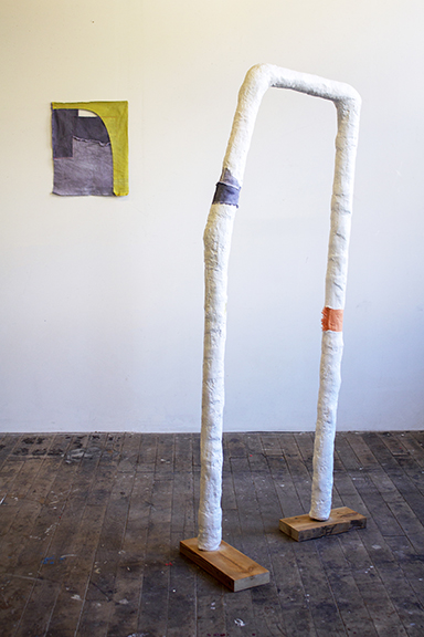 Allison L. Wade On left: Untitled, hand-dyed fabric, 18 x 14.5 inches, 2018 On right: Untitled (The Other #1), wood, plaster, Sculptamold, hand-dyed fabric, paint, 64 x 27 x 14 inches, 2018