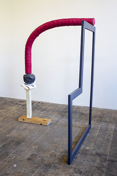 Allison L. Wade, Untitled (This #1), wood, metal, fabric, paint, ceramic, papier maché, pool noodle, plaster strips, 49.5 x 36 x 36 inches, 2018