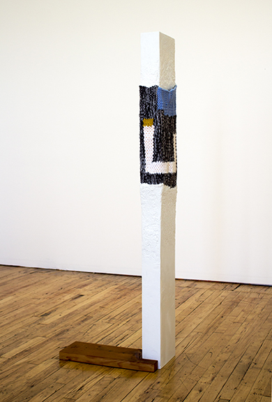 Allison L. Wade, Better luck this time, wood, hand woven fabric, Sculptamold, joint compound, paint, 60 x 9 x 19.5 inches, 2016, Collection of Scott Hunter