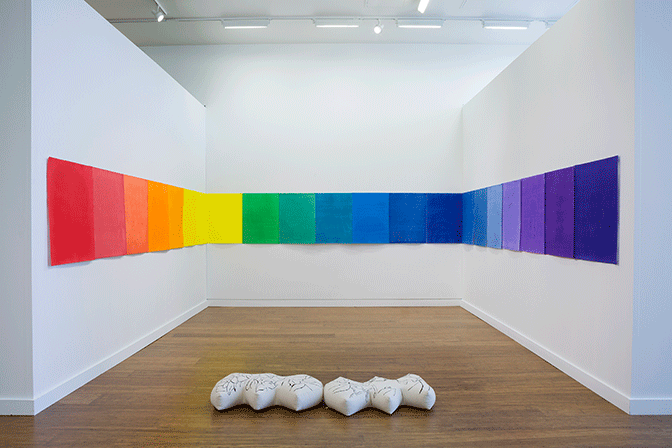 Leslie Baum, here comes the rainbow, installation view, echoes, acrylic on embossed paper, window seats, acrylic on canvas filled with buckwheat hulls, 2017