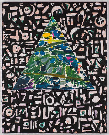 Leslie Baum, shape of the day: h.f,f.p., 20” x 16”, oil and acrylic on canvas, 2018