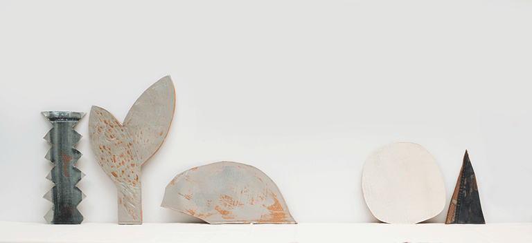 Leslie Baum, this&that: moonlight, sizes variable, mason stain, glaze and spray paint on stoneware, 2016