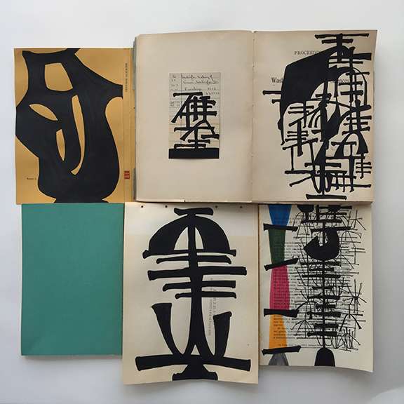 Brian Russo, Ink on paper. Studio arrangement of book art, Chicago, 2017