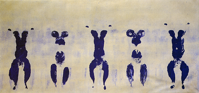 Yves Klein, Anthropometry of the Blue Period (ANT 82), 61 3/5 x 111 1/5 in (156.5 x 282.5 cm), pure pigment and synthetic resin on paper laid down on canvas, 1960