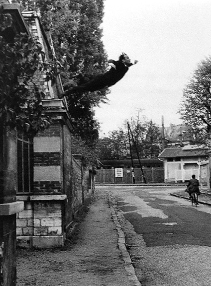 Yves Klein, Leap into the Void, 10 3/16 x 7 7/8 in. (25.9 x 20 cm), gelatin silver print, 1960