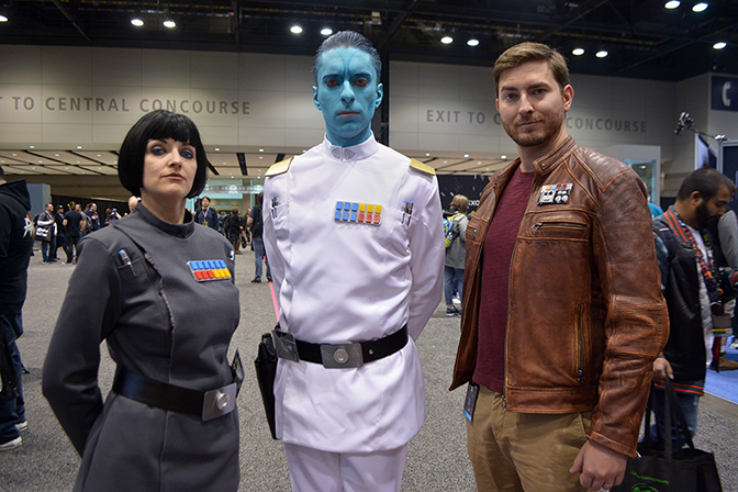 Cosplay (imperial Office, Grand Admiral Thrawn, and Poe Dameron), Star Wars Celebration, Chicago, Illinois, USA, 2019