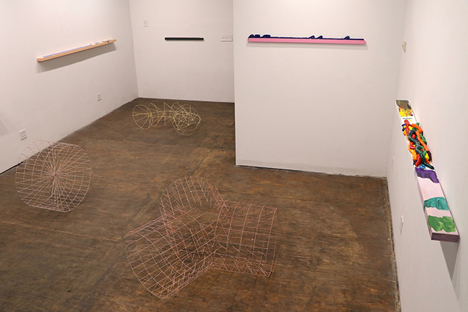 Matt Kayhoe Brett, Installation view: Calculus a study of limits , Sieves or Parasols, Water Wheel, Chocolate Grinder, tempera on steel wire, Slow, Chicago, 2019