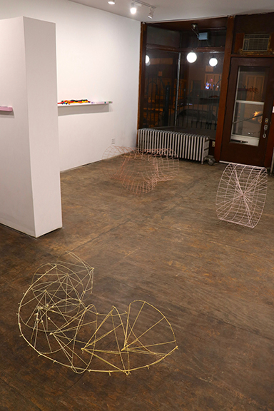 Matt Kayhoe Brett, Installation view: Calculus a study of limits , Sieves or Parasols, Water Wheel, Chocolate Grinder, tempera on steel wire, Slow, Chicago, 2019