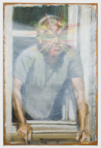Neal Vandenbergh, Untitled (Man Leaning out Window in Pilsen), Acrylic on Cardboard, 72" x 48" 2019 