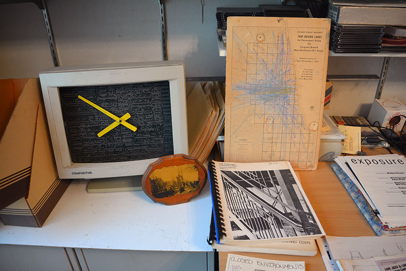 Artworks and papers in Jno Cook's 2nd floor work space, Ravenswood, Chicago, 2019
