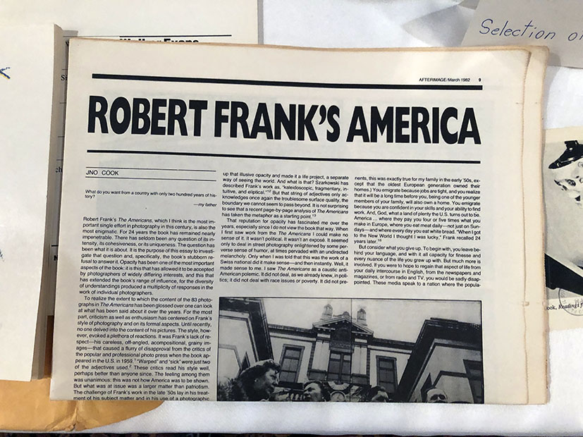 Jno Cook's writing, "Robert Frank's America", Afterimage, March 1992