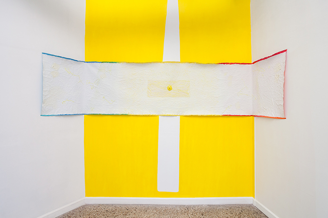 Roni Packer, Gesso and Yellow Wall, gesso, latex paint and gel medium on dyed raw canvas, 35" x 163", 2017