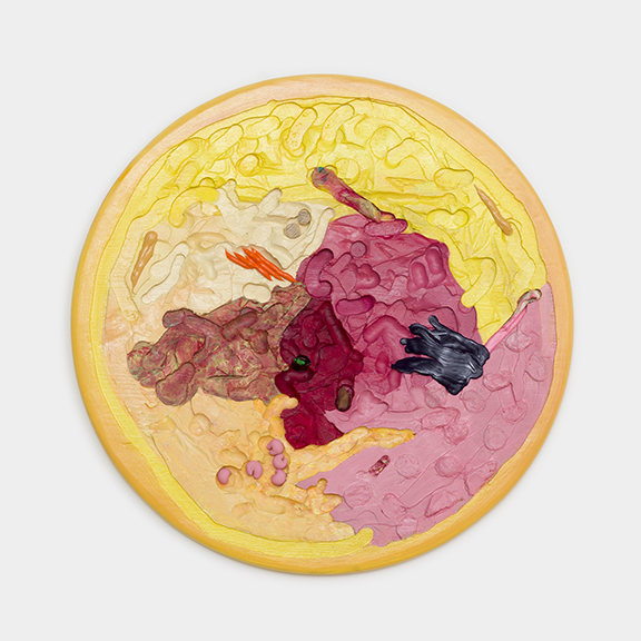 Roni Packer, Pleasing (Yellow), oil and mixed media on wood, 23" x 23", 2016