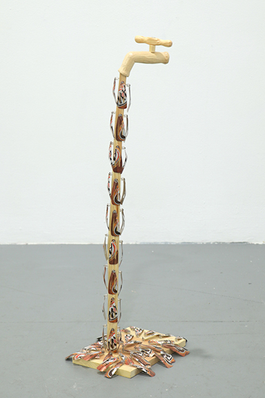 Jeffrey Grauel, A&W Root Beer Faucet, scrap lumber, soda cans, pony beads, 34.5 x 12 x 9 inches, 2016