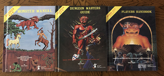 Advanced D&D 1st Edition Core Rulebooks, Monster Manual, Dungeon Masters Guide, and Players Handbook, TSR Inc., Lake Geneva, Wisconsin, 1977.