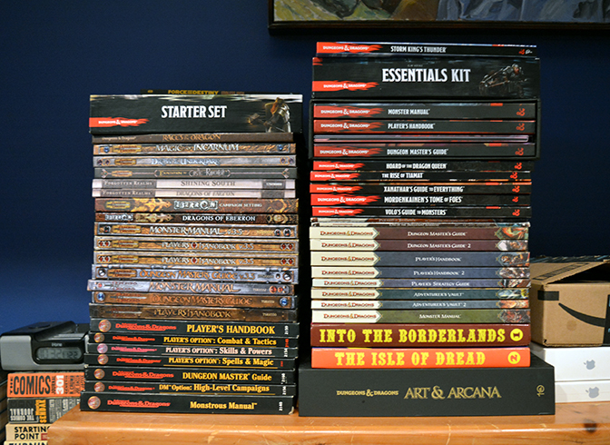 A sampling of Dungeons & Dragons rulebooks and campaigns from personal collection, Chicago, Illinois, 2019.