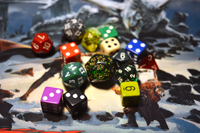 Dungeons & Dragons dice. Though the narrative and RPG element is key, the use of various dice allow to asses a numerous possibilities for expanding the narrative possibilities.