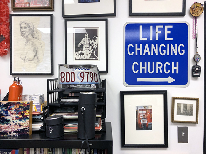 An early drawing from days at Herron School of Art, a print from the Museum of Contemporary Photography installation, and an array of items passed on by former students.