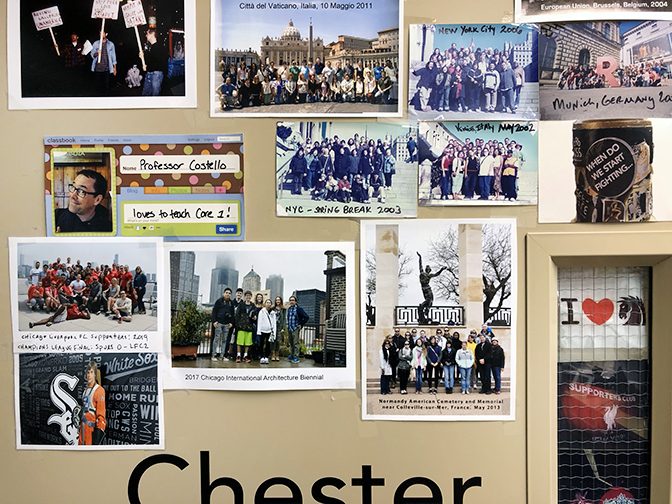 Detail of office door with photographs from trips to Europe and NYC with students and notes of items (Dark Horse comics, Liverpool FC, and the Chicago White Sox) of interest.