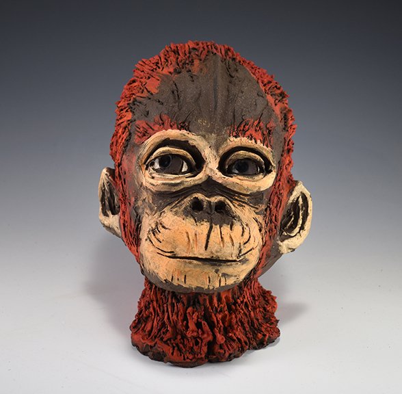 Nic Eckmayer, George the Orangutan, underglaze on stoneware, 6.5"x6.5"x8", 2021