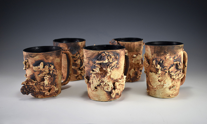 Nic Eckmayer, Ugly Mugs, oxide, underglaze and glaze on stoneware, 3.5"x5"x4.5", 2021
